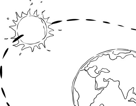 Outline drawing of the sun orbiting the planet earth for concept about geocentrism