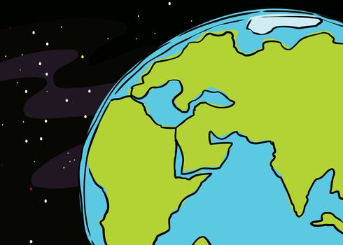 Hand drawn cartoon of the planet earth cropped to include African, Europe and India