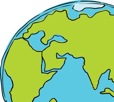 Hand drawn cartoon of the planet earth cropped to include African, Europe and India