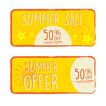 summer sale and offer labels with 50 percentages off and sun and starfish signs - text in yellow drawn banners with symbols, business seasonal shopping concept