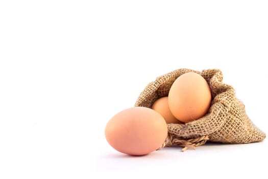 Brown eggs in canvas sack isolated on a white background 