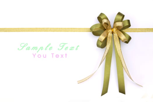 Beautiful green and gold bow on white background 