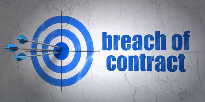 Success law concept: arrows hitting the center of target, Blue Breach Of Contract on wall background, 3D rendering