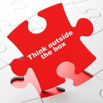 Learning concept: Think outside The box on Red puzzle pieces background, 3D rendering
