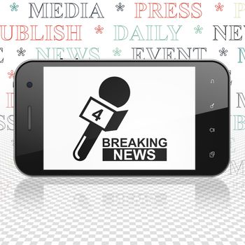 News concept: Smartphone with  black Breaking News And Microphone icon on display,  Tag Cloud background, 3D rendering