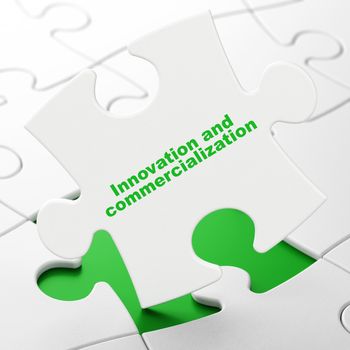 Science concept: Innovation And Commercialization on White puzzle pieces background, 3D rendering