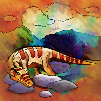 Heterodontosaurus. Illustration of a dinosaur in its habitat.