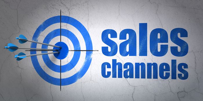 Success advertising concept: arrows hitting the center of target, Blue Sales Channels on wall background, 3D rendering
