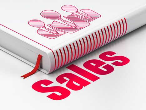 Marketing concept: closed book with Red Business People icon and text Sales on floor, white background, 3D rendering