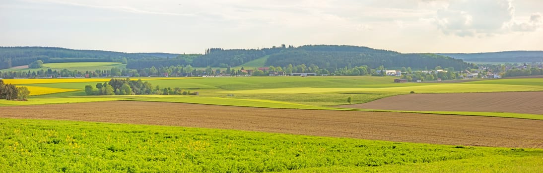 Farmland panorama - brown field, green meadow, rural landscape