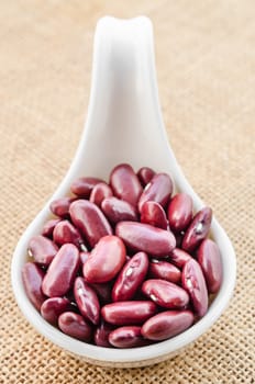 Portion of dried red beans in white spoon on sack background.