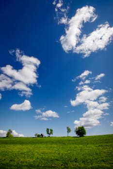 Green landscape with beautiful blue sky and white clouds