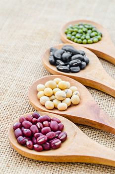 collection of beans seeds in wooden spoon on wooden background.