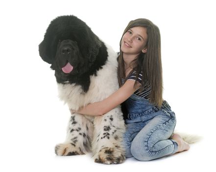 teenager and newfoundland dog in front of white background