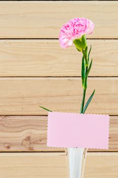 Pretty Pink Carnation Flowers on White Vase with Blank Greeting Card on Wooden Table.