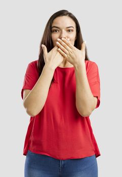 Lovey woman covering her mouth with hands