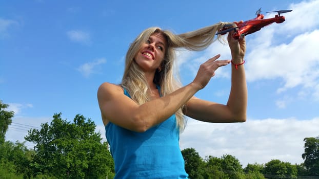 dissatisfied blonde woman with tangled hair drone