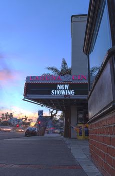 Laguna Beach, California, March 8, 2016: The Laguna Cinema opened in 1922 and closed in 2015. This classic theater is found on Pacific Coast Highway in the heart of the Laguna Beach village and is a landmark for all who visit. Editorial use only.