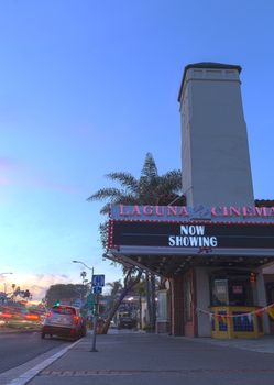 Laguna Beach, California, March 8, 2016: The Laguna Cinema opened in 1922 and closed in 2015. This classic theater is found on Pacific Coast Highway in the heart of the Laguna Beach village and is a landmark for all who visit. Editorial use only.
