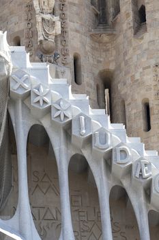 BARCELONA, SPAIN - MAY 13, 2016 :Sagrada Familia : Basilica and Expiatory Church designed by Spanish architect Antoni Gaudí. Catholic church still built since March 1882, is a combination of Gothic style and curvilinear Art Nouveau forms.