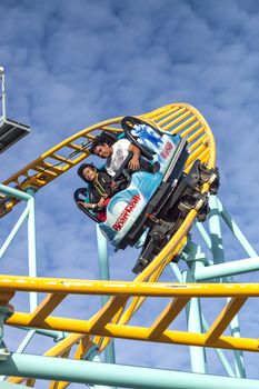 Santa Cruz, California, USA-November 15, 2014 : Northern`s California only spinning coaster. Track lenght 1410 ft and maximum speed is up to 40 mph. Taken in Santa Cruz Beach Boardwalk`s Park