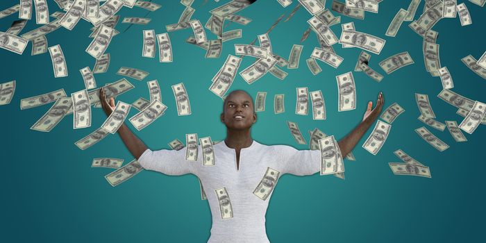 Black Man Catching Money Falling From the Sky in US Dollars