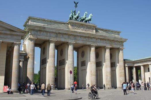 BERLIN, GERMANY - MAY 12, 2016: Brandenburg Gate, landmark of German reunification on May 12, 2016 in Berlin, Germany