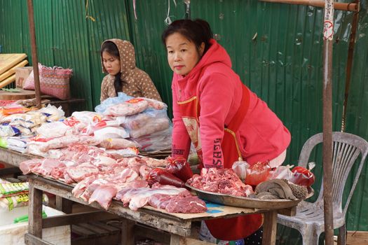 LUANG PRABANG, LAOS - FEBRUARY 13, 2016: People on the morning open air market of Luang Prabang on February 13, 2016 in Laos, Asia