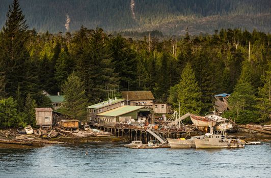 Rustic boat salvage and storage on Alaskan Inner Passage