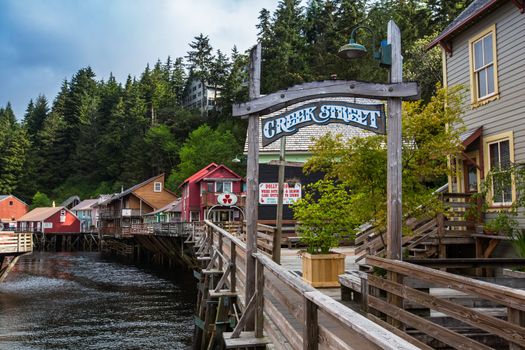 KETCHIKAN, AK - MAY 15: Current businesses relying on tourism occupying historic buildings on Creek Street on May 15, 2016 in Ketchikan, AK.