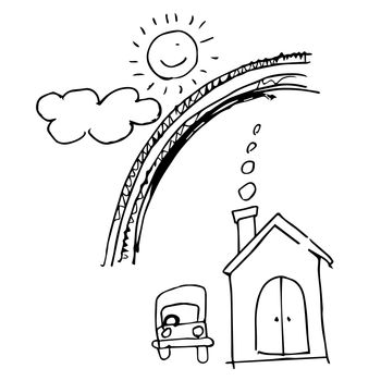 freehand sketch illustration of sweet home with car, cloud, sun, rainbow, chimney doodle hand drawn in kid style