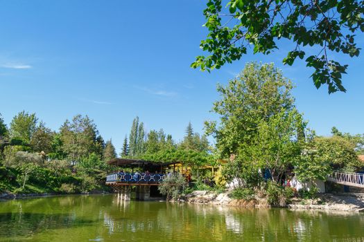 Landscape view of natural park with lake, trees and wooden arbour on bright blue sky background.