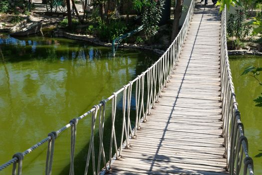 Landscape view of natural park with lake, trees and wooden bridge.