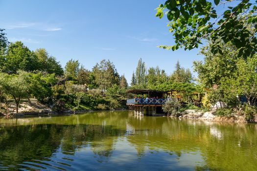 Landscape view of natural park with lake, trees and wooden arbour on bright blue sky background.