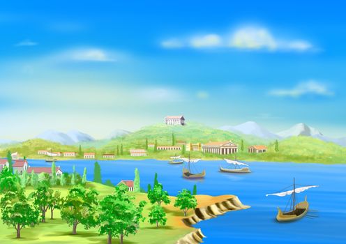 Digital Painting, Illustration of the ancient city in Egypt, on the banks of the Nile River in Realistic Cartoon Style