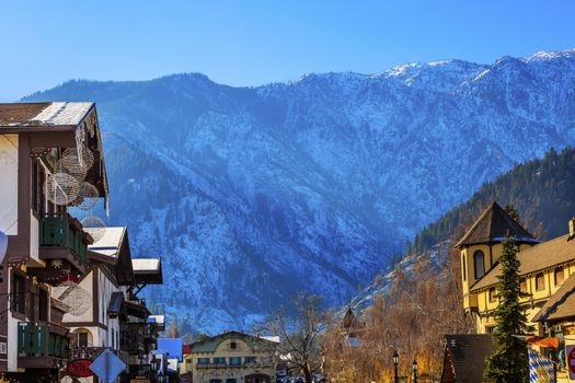 Winter Mountains Snow German Buildings Orange Maple Leaves Leavenworth Washington