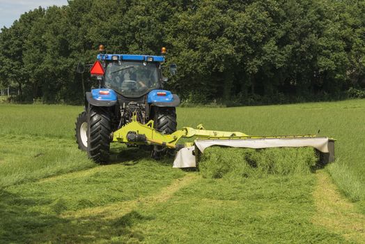 pasture mowing with blue tractor and mower