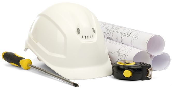 Planning of construction of house. Drawings for building house, helmet and other working tools on white