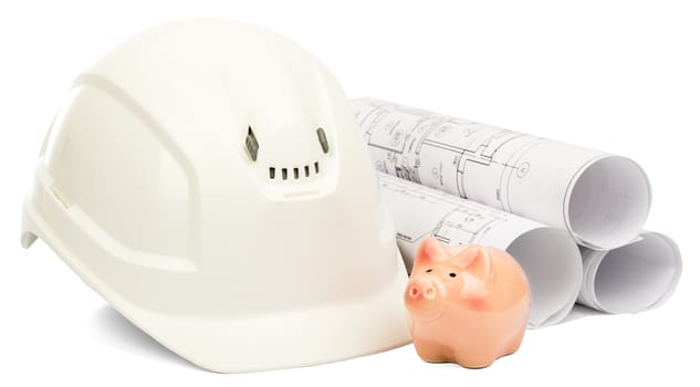 Construction house. Drawings for building and helmet on white a background.