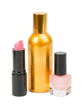 Lipstick, nail polish and perfume isolated on white. Cosmetics