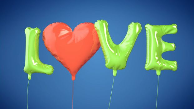 Balloons create LOVE word on blue background.