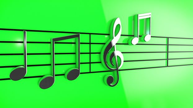 3D Music notes on staves on green background.