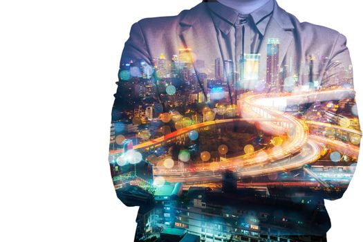 Double Exposure of BusinessMan with Modern City Building and Highway as Real Estate Development Business