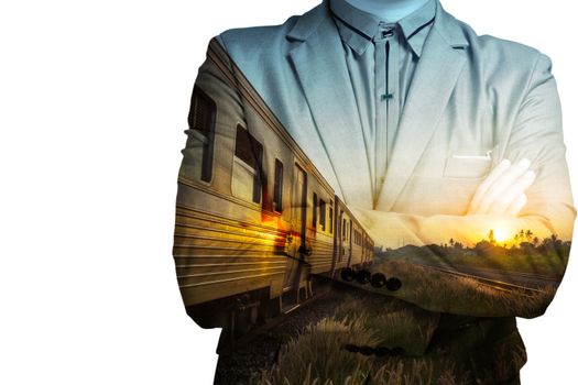 Double exposure of Train Station with Railway and businessman as Business development concept.