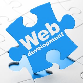 Web development concept: Web Development on Blue puzzle pieces background, 3D rendering
