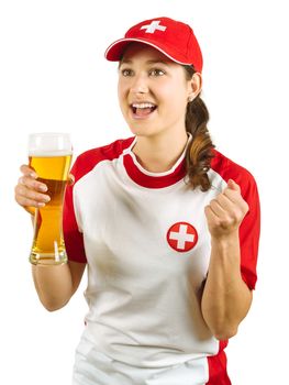 Photo of a Swiss sports fans holding a beer and cheering for her team isolated over white background.