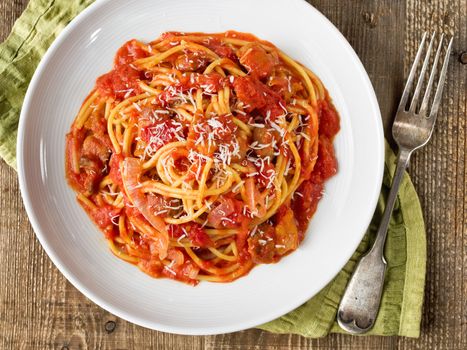 close up of rustic italian bucatini amatriciana