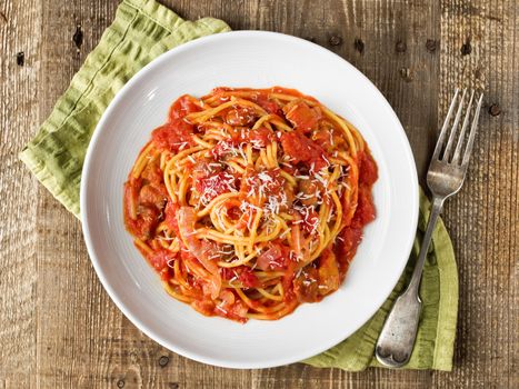 close up of rustic italian bucatini amatriciana