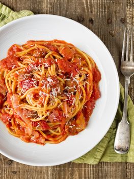 close up of rustic italian bucatini amatriciana