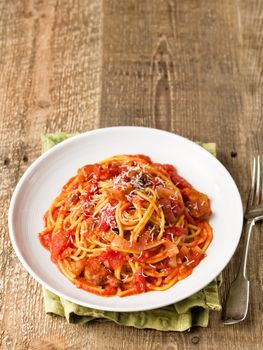 close up of rustic italian bucatini amatriciana